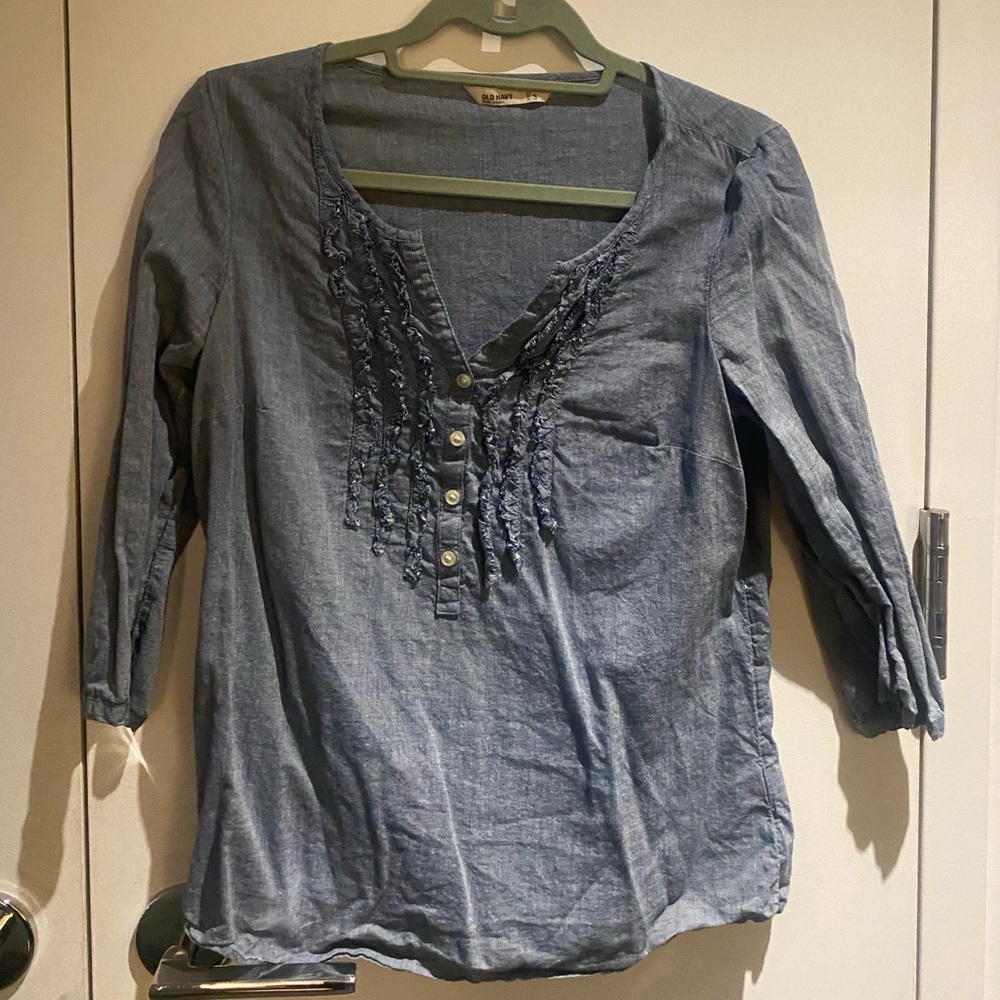 Chambray ruffle button up blouse